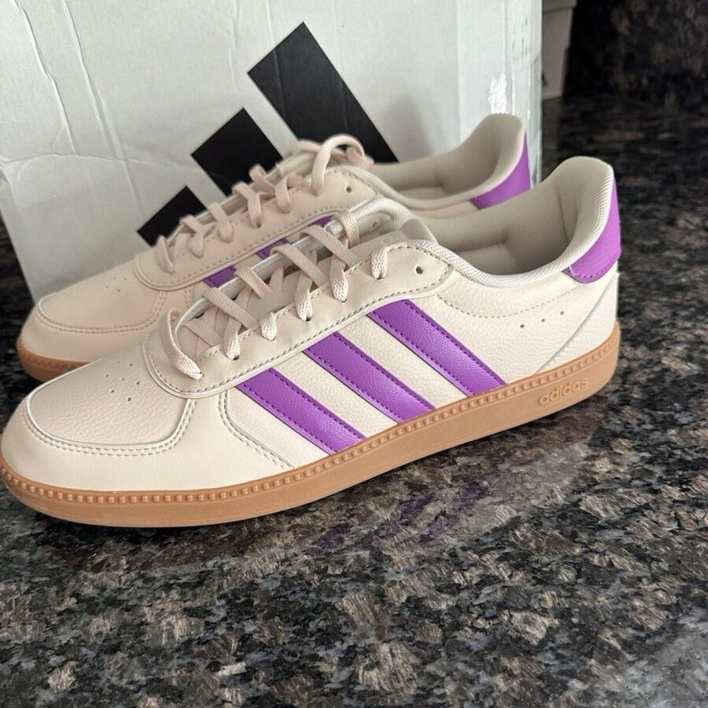 Adidas Cream and Purple Striped Sneakers